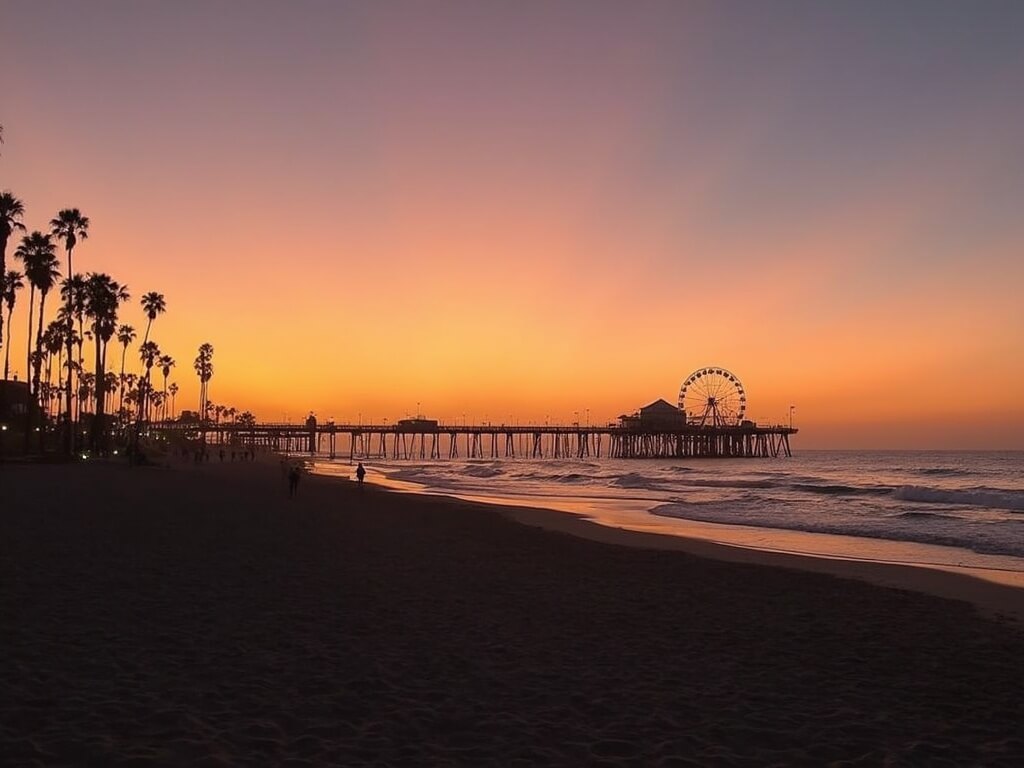 November sunset at Santa Monica Beach with silhouetted palm trees and sparsely populated beach, with Santa Monica Pier and Ferris wheel in the distance.