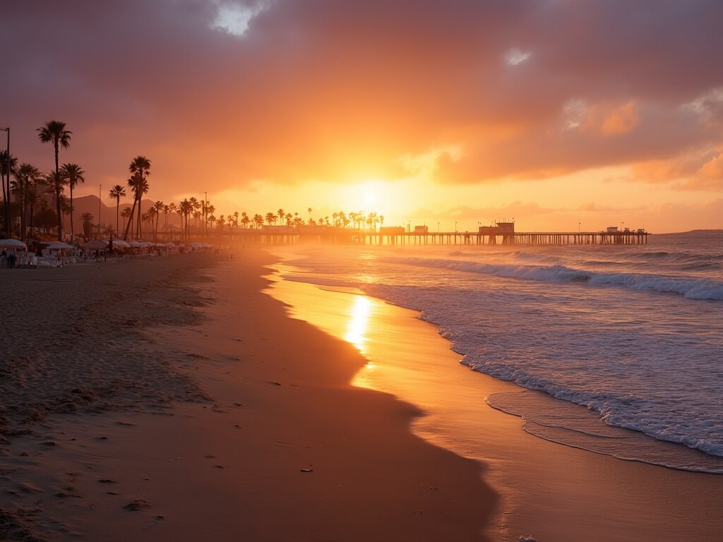 Serene sunset view of Santa Monica Beach in October, with sparse crowds, beach umbrellas, rolling waves, iconic pier against a vibrant sky, and swaying palm trees.