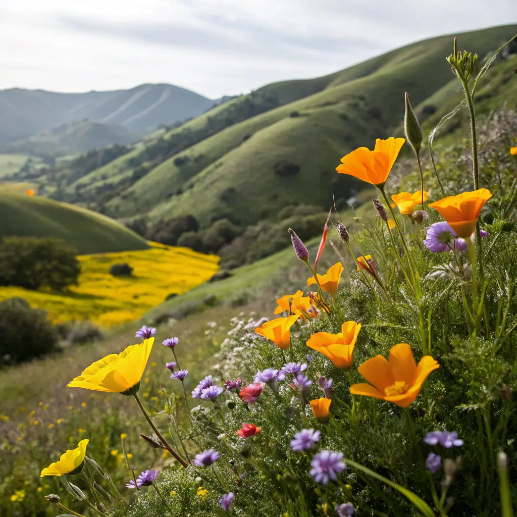 Close-up of vibrant wildflowers in full bloom in a meadow in Santa Monica Mountains, with soft rolling hills in the background bathed in diffused California sunlight