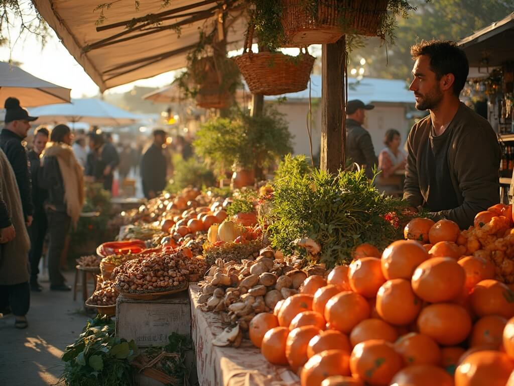 Winter farmers market scene in Santa Monica with wooden stalls displaying blood oranges, mushrooms, and winter vegetables under the warm morning light