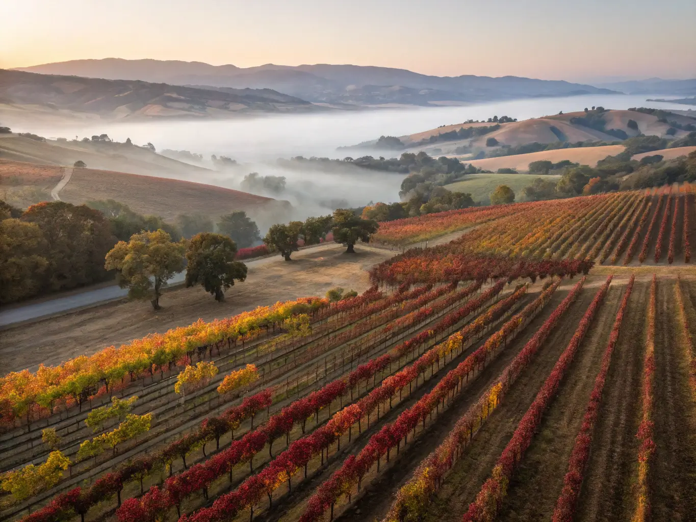 Aerial view of Santa Ynez Valley vineyards in fall with rows of grapevines in deep red and gold hues amidst morning fog