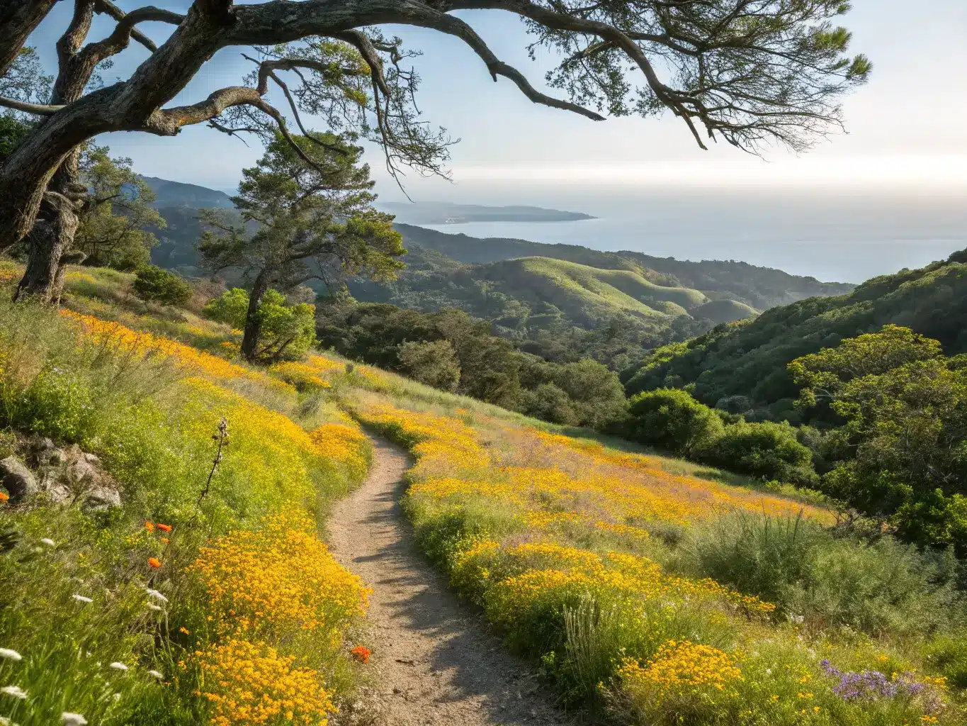 Hiking trail in Santa Ynez Mountains with a winding path through spring wildflower meadows, ocean view in the distance, and morning sunlight filtering through California vegetation