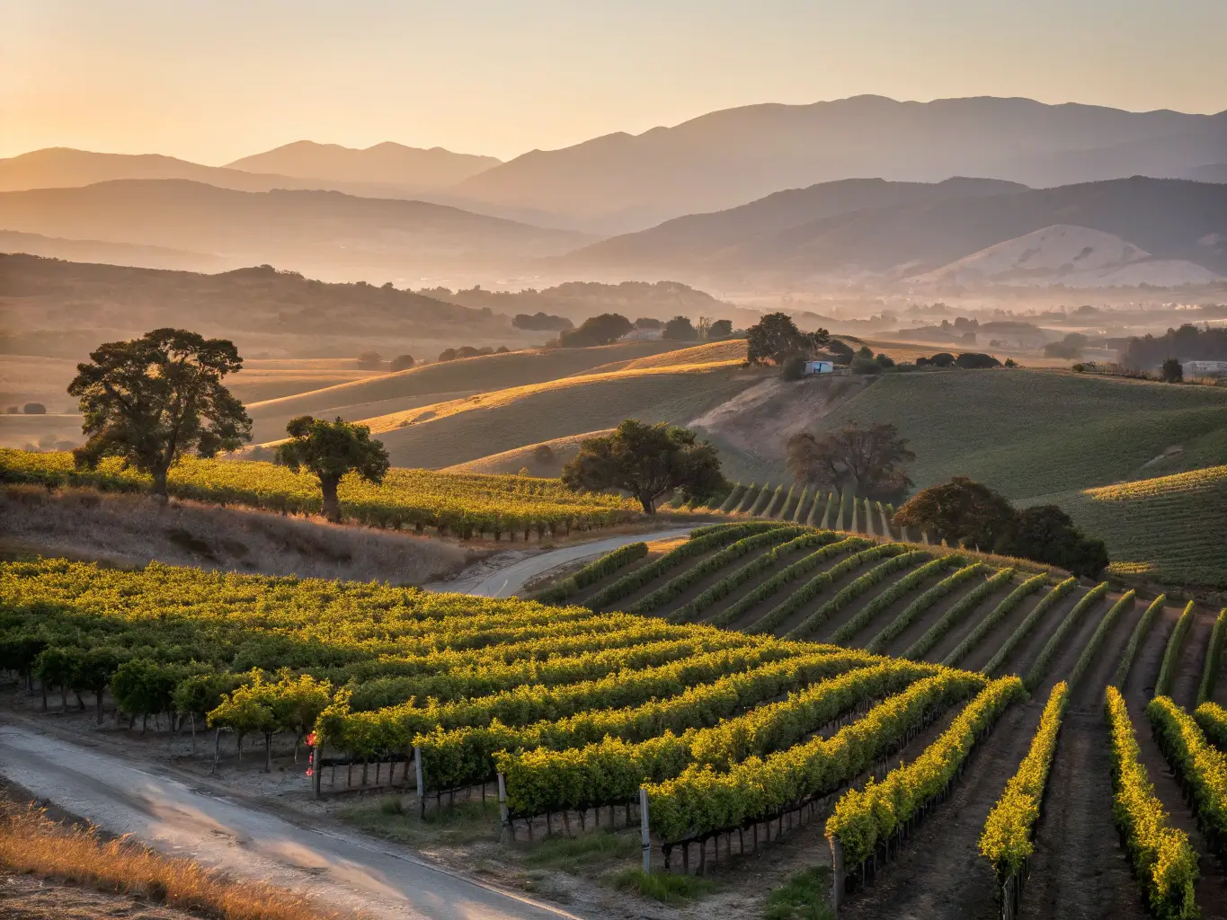 Sunset over rolling vineyard hills in Santa Ynez Valley with rows of grapevines, long shadows and background mountains