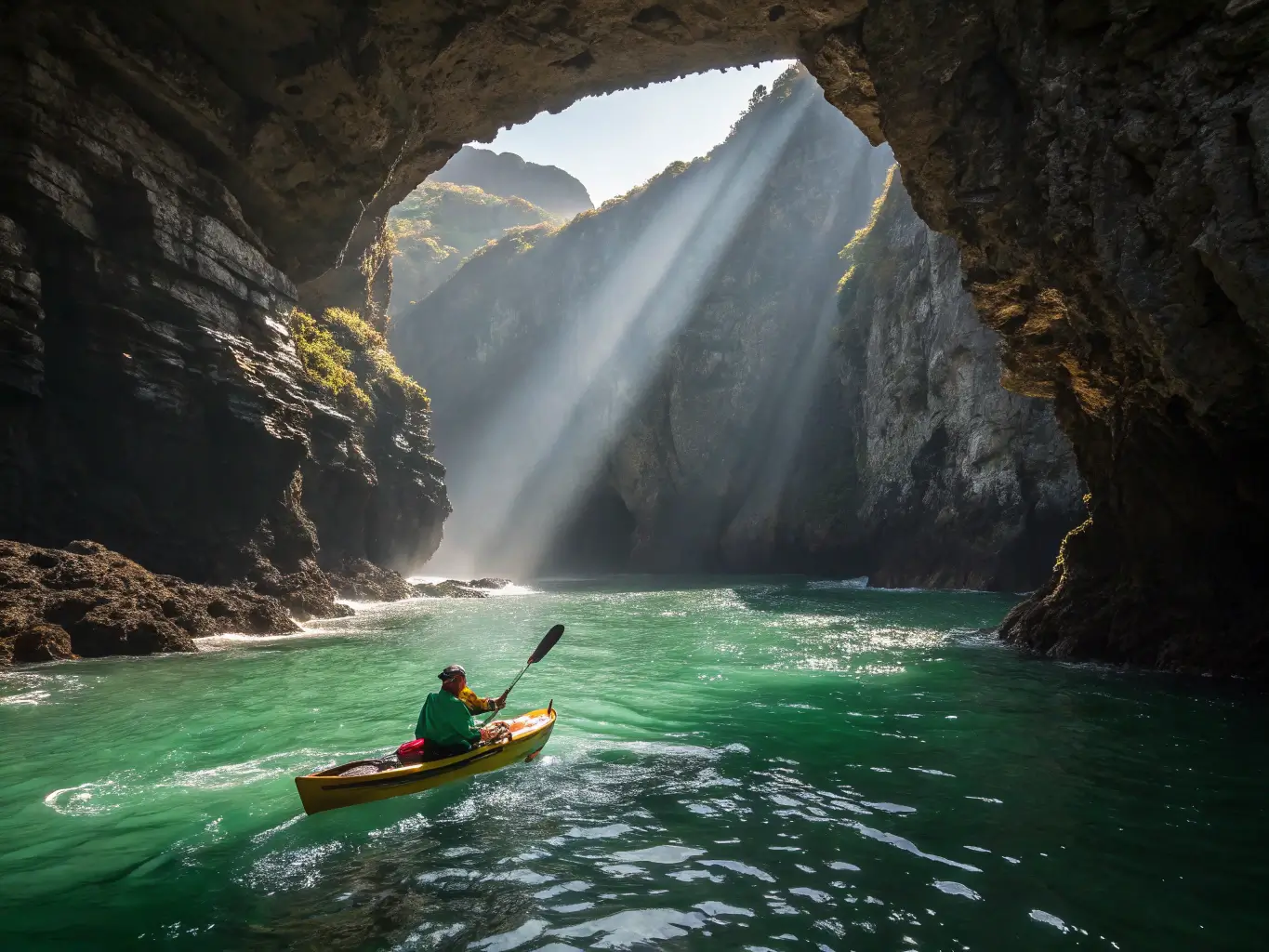 Sea kayaker navigating through a natural arch in a sea cave at Channel Islands, surrounded by emerald water and textured walls, under the beam effects of filtered sunlight.