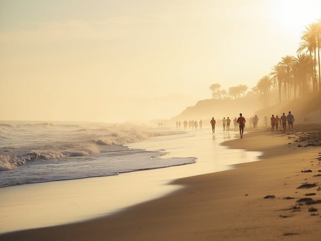 Runners and walkers at Coronado Beach during peaceful morning with golden light and palm trees swaying in the breeze