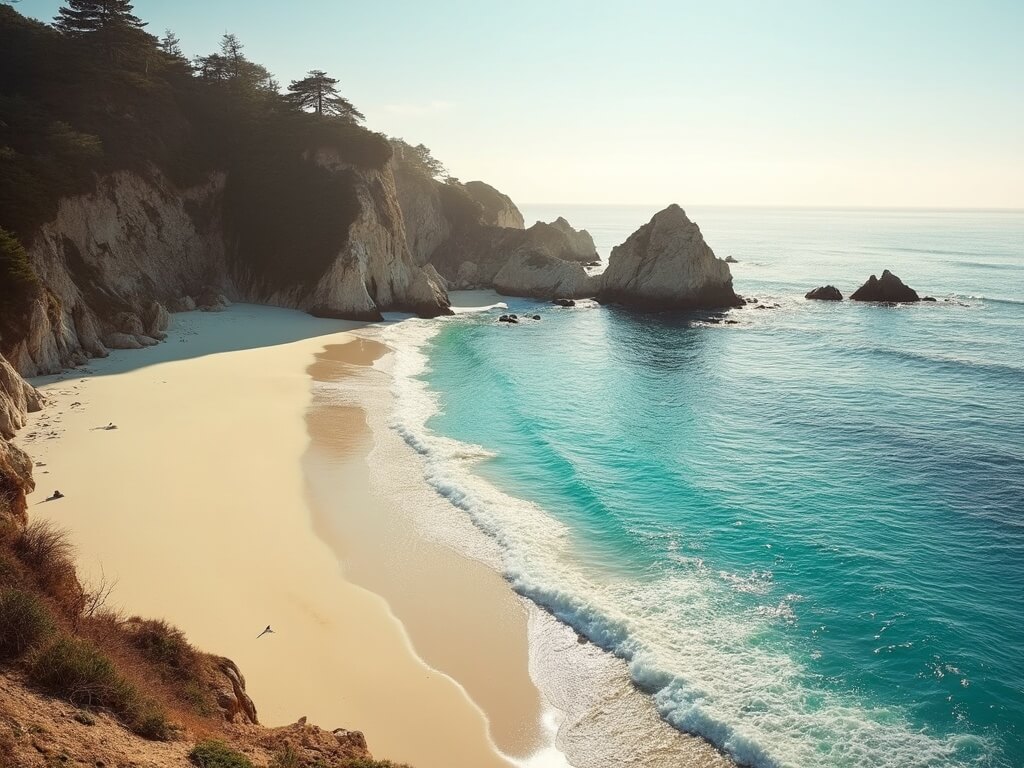 Sunrise over empty La Jolla beach with turquoise waters, dramatic cliffs, golden sunlight, long shadows on white sand, natural rock formations, and gentle waves