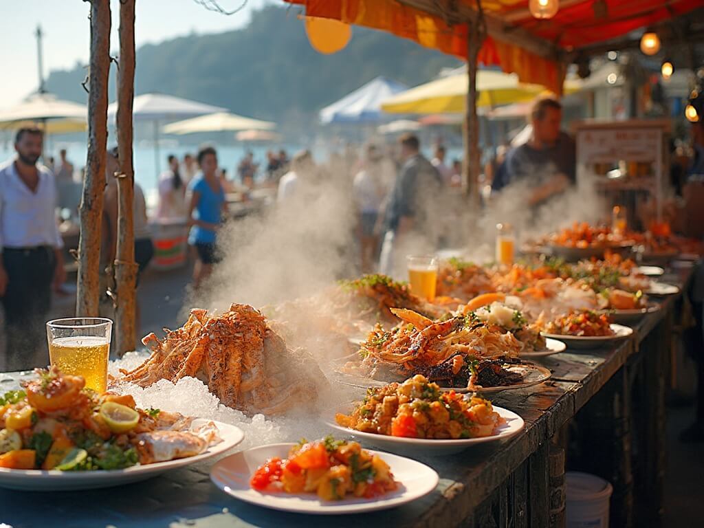 Colorful food stalls displaying international cuisine and local beverages at the Seven Seas Festival with fresh seafood, steaming dishes, and delicacies under natural lighting, with ocean elements in the background.