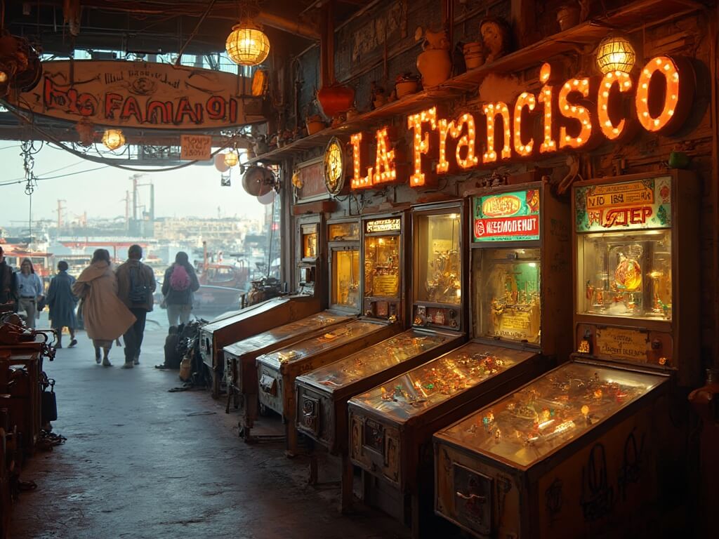 Vintage arcade machines in Musée Mécanique at Fisherman's Wharf, San Francisco under warm nostalgic lighting captured in a detailed documentary-style photograph