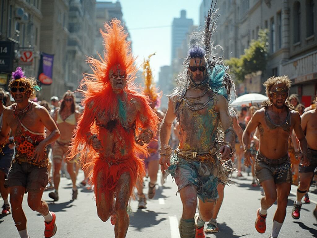 Thousands of vibrant runners in creative costumes participating in the Bay to Breakers festival through San Francisco streets, showcasing the city's diverse and playful spirit