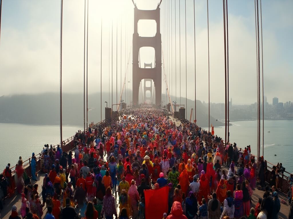 Colorful costumed runners crossing Golden Gate Bridge during Bay to Breakers race under morning fog, San Francisco skyline in the background