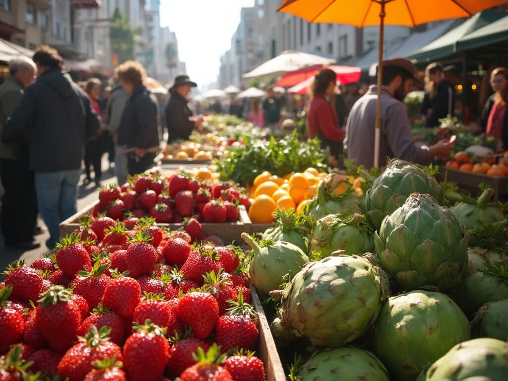 Bustling San Francisco farmers market with local vendors selling fresh strawberries and artichokes, surrounded by diverse crowd under the warm California sunlight