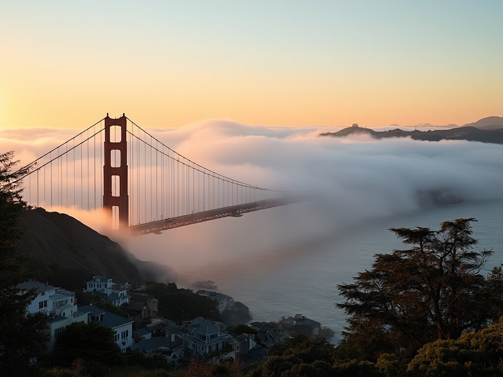 "Foggy morning in San Francisco with Golden Gate Bridge partially hidden in fog and Victorian houses in the foreground"