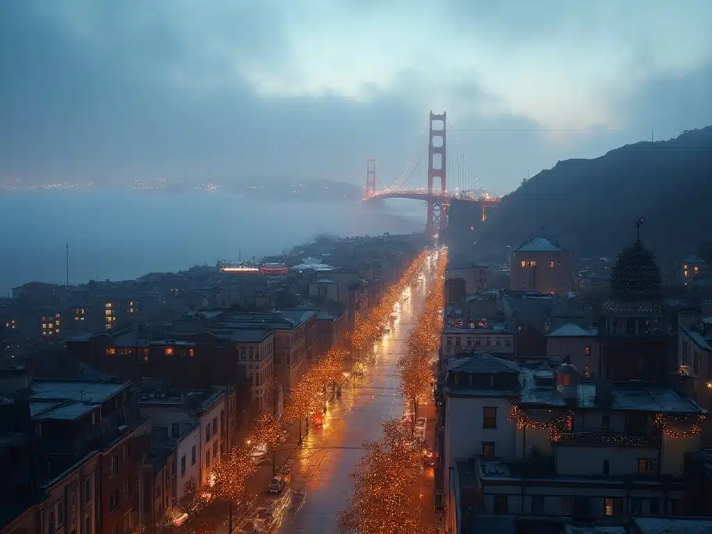 "Foggy December dawn in San Francisco with Golden Gate Bridge partially visible, Christmas lights on Victorian houses, an ice rink glowing in Union Square, wet streets reflecting holiday lights and café lights casting a warm glow through the fog, highlighting a blend of modern skyscrapers and historic architecture."