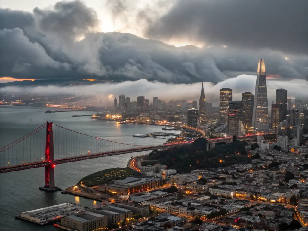 "Aerial view of San Francisco's skyline on a misty evening with the Golden Gate Bridge in fog, city lights beginning to twinkle, landmarks like Transamerica Pyramid and Salesforce Tower visible, gray whales in the bay, and Chinese New Year lanterns in Chinatown"