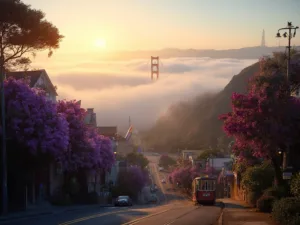 "San Francisco cityscape at dawn, Golden Gate Bridge emerging from fog, Victorian houses on hill, purple jacaranda trees, vintage cable car, Pride flags and the Transamerica Pyramid visible in background."