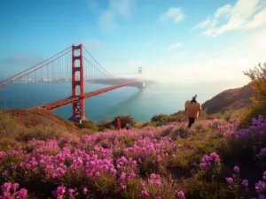 "Panoramic view of the Golden Gate Bridge, San Francisco skyline, and Botanical Garden with blooming flowers, Bay to Breakers runners in costumes, cable cars, Victorian houses, and festival banners in warm evening light."