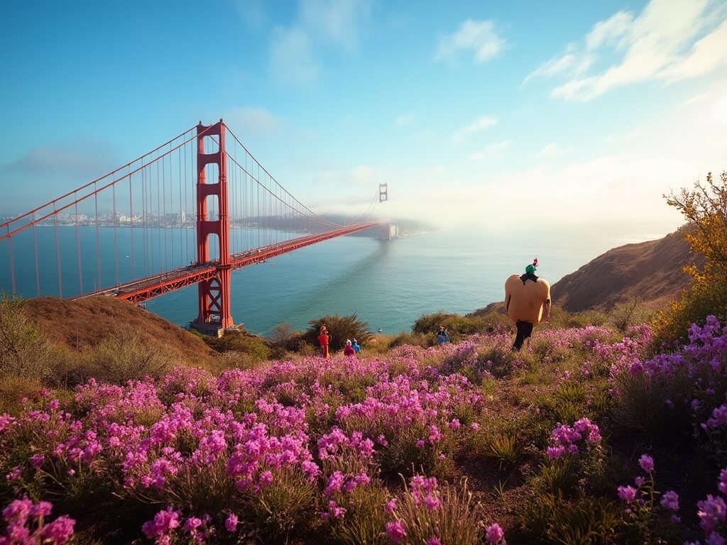 "Panoramic view of the Golden Gate Bridge, San Francisco skyline, and Botanical Garden with blooming flowers, Bay to Breakers runners in costumes, cable cars, Victorian houses, and festival banners in warm evening light."