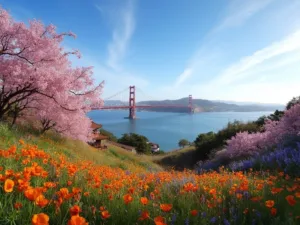 "Panoramic view of Golden Gate Bridge, cherry blossoms, and the Japanese Tea Garden in San Francisco during springtime"