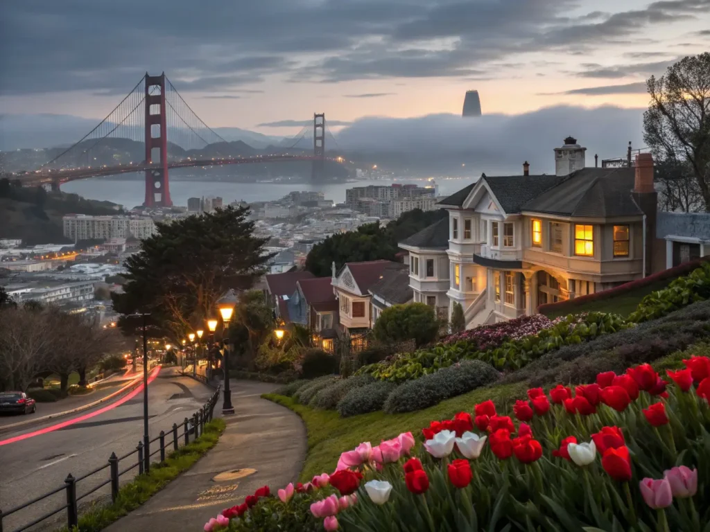 "Dusk view of San Francisco with the Golden Gate Bridge in fog, red tulips at Pier 39 and Chinese New Year lanterns in the sky, with Victorian houses on hills, during February evening with golden hour lighting and reflective streets".