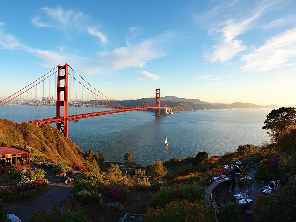 "Panoramic view of San Francisco Golden Gate Bridge, city skyline, and Golden Gate Park during golden hour in September, with sailboats on the bay and people dining outdoors"