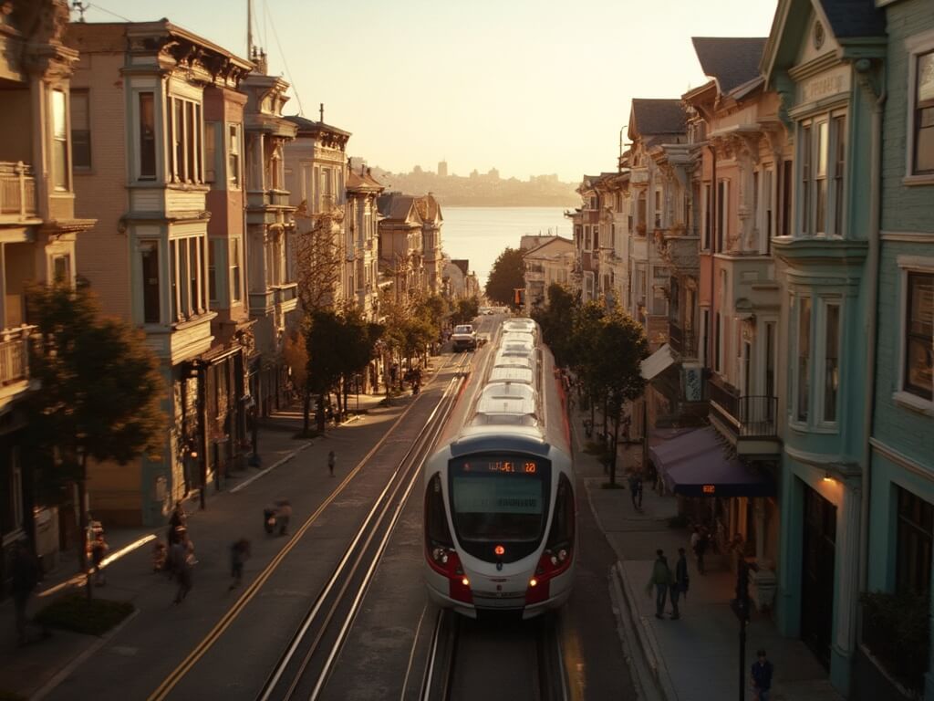 MUNI train traveling through the steep hills of San Francisco at sunset, pastel-colored Victorian houses lining the street, and bay view in the distance