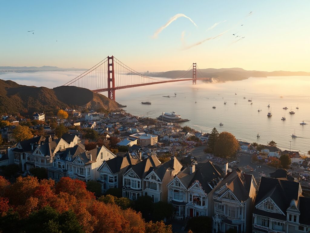 "San Francisco's skyline at golden hour featuring Golden Gate Bridge, decorated Victorian houses, Blue Angels jets, sailboats, Castro district street festivals, Golden Gate Park, and Hardly Strictly Bluegrass Festival stages in October."