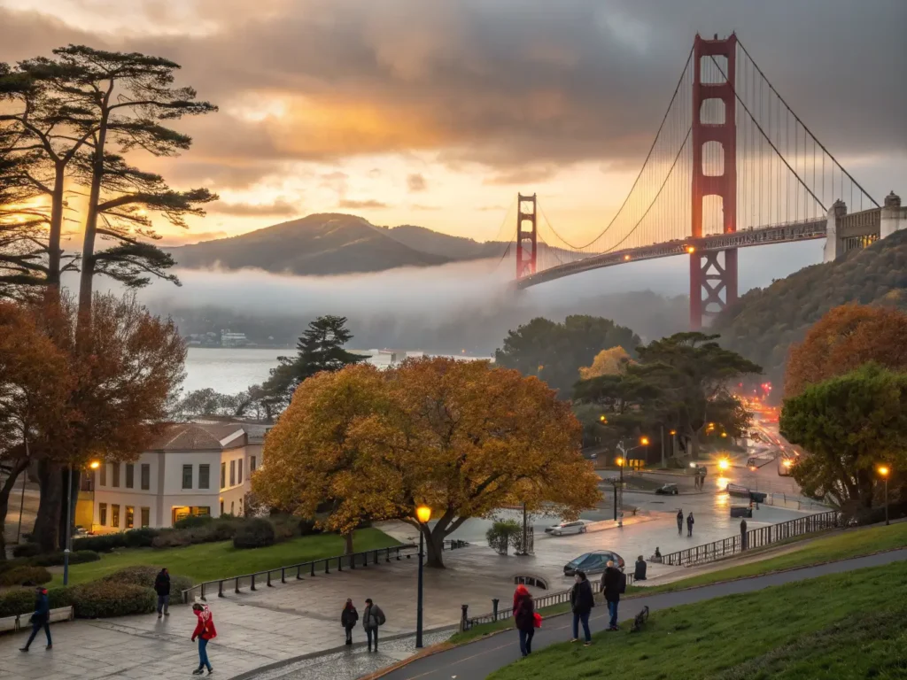 "Cinematic view of San Francisco skyline at sunset featuring lit-up Golden Gate Bridge, fall-colored trees in Golden Gate Park, twinkling holiday lights at Union Square and Ghirardelli Square, people with umbrellas, reflective wet streets, and looming storm clouds."