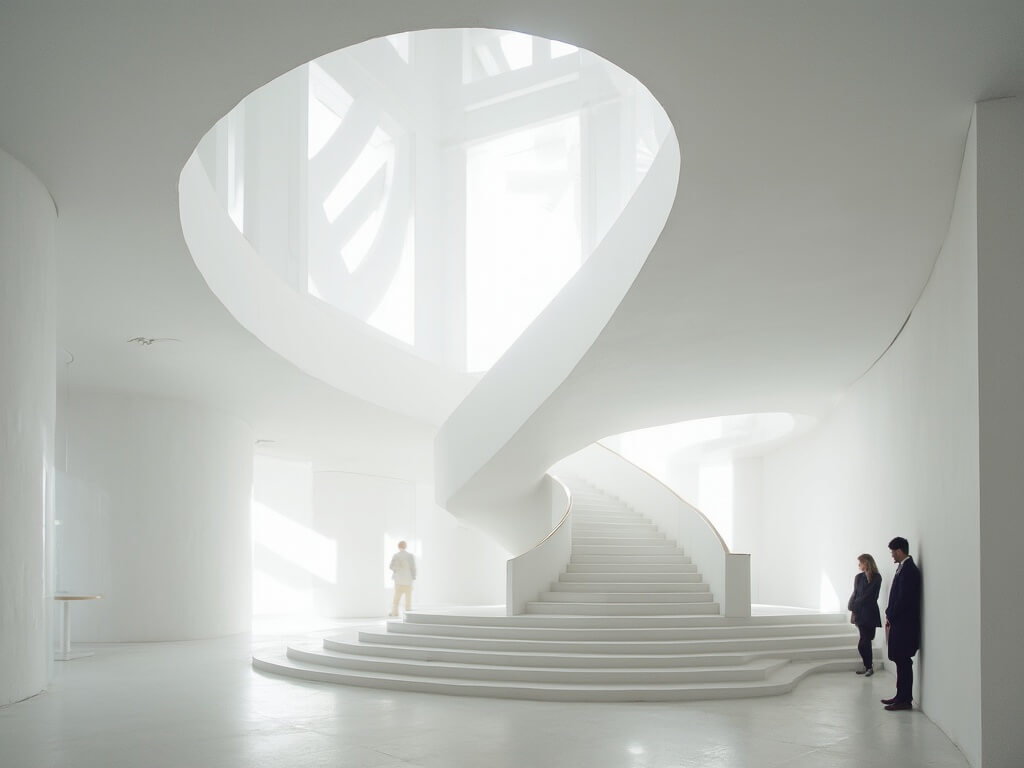 Spiral staircase inside SFMOMA with white walls, natural light through geometric windows, bold shadows, minimalist design and faint human figures