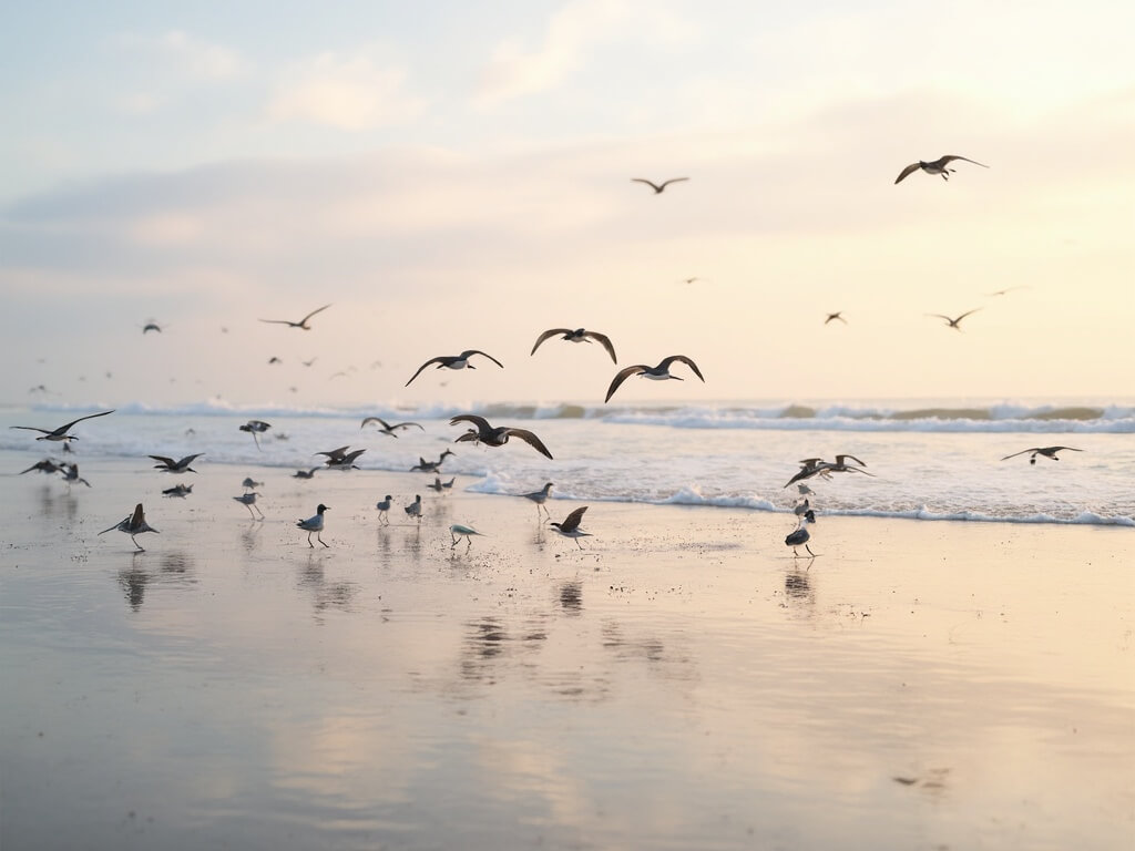 Shorebirds flying over a beach during golden hour, with their reflections in the wet sand and waves rolling in the background