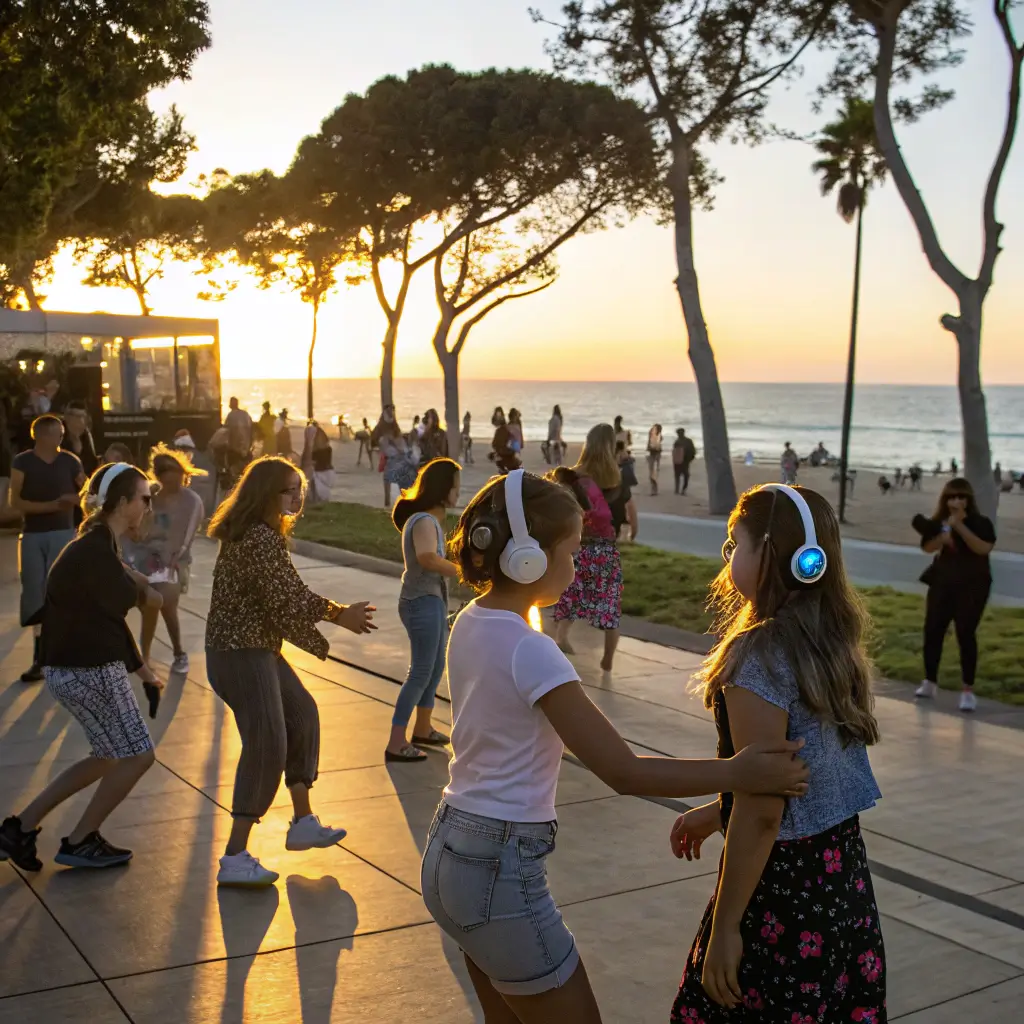 People of various ages enjoying a silent disco at Ocean View Park at sunset with wireless headphones, beach and trees in the background under a soft golden light.