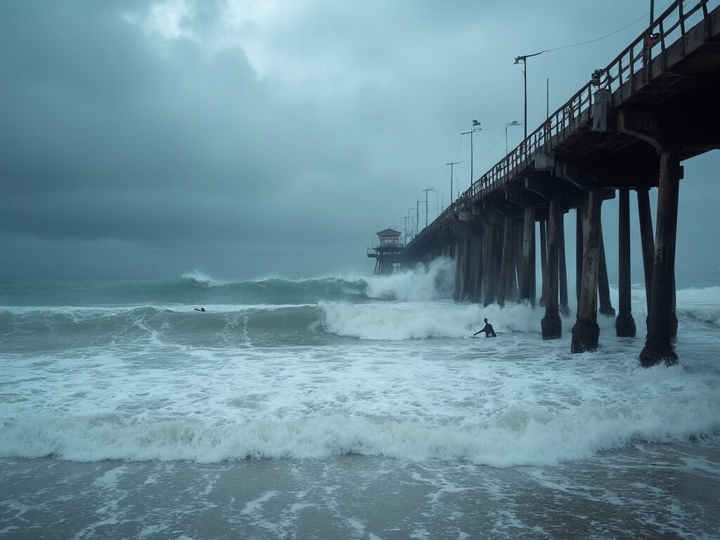 Huntington Beach pier in a winter storm with large waves hitting the pillars, dark clouds overhead, and surfers riding the turbulent sea under El Niño conditions