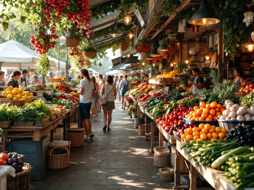 Bustling summer farmers market with colorful fruits and vegetables on wooden stalls, with soft natural light filtering through