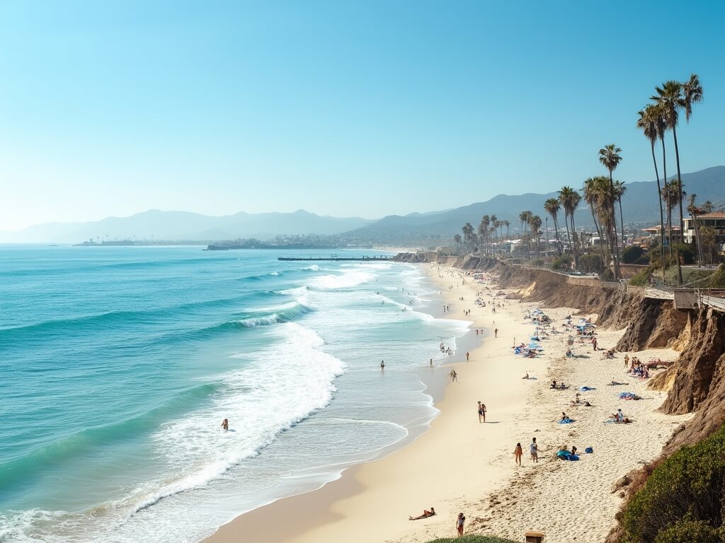 Panoramic view of San Diego beach on a perfect summer day, featuring gentle waves, palm trees, beachgoers, white sand, deep blue waters, and a clear sky.