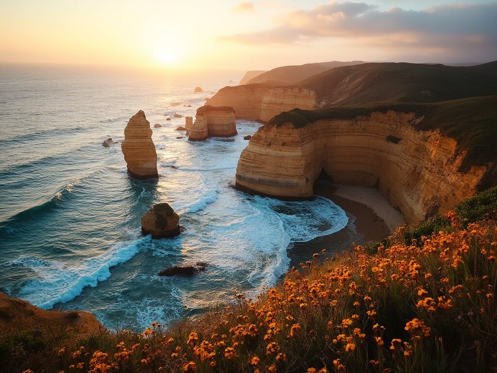 Aerial view of Sunset Cliffs Natural Park at golden hour with rugged cliffs, crashing waves, caves, rock formations, coastal flowers and Pacific Ocean