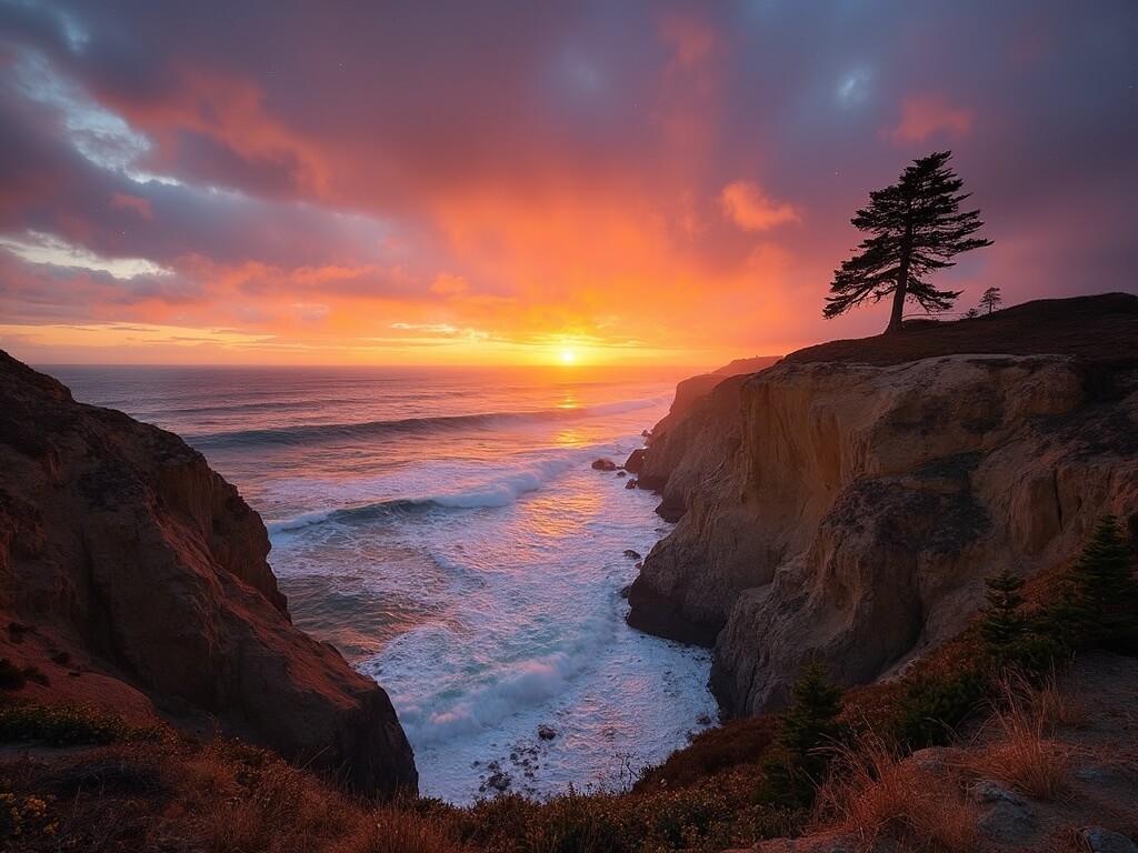 Dramatic sunset at Sunset Cliffs Natural Park with rugged cliffs, crashing waves, deep orange and purple skies with visible stars, native coastal plants, and a silhouetted cypress tree