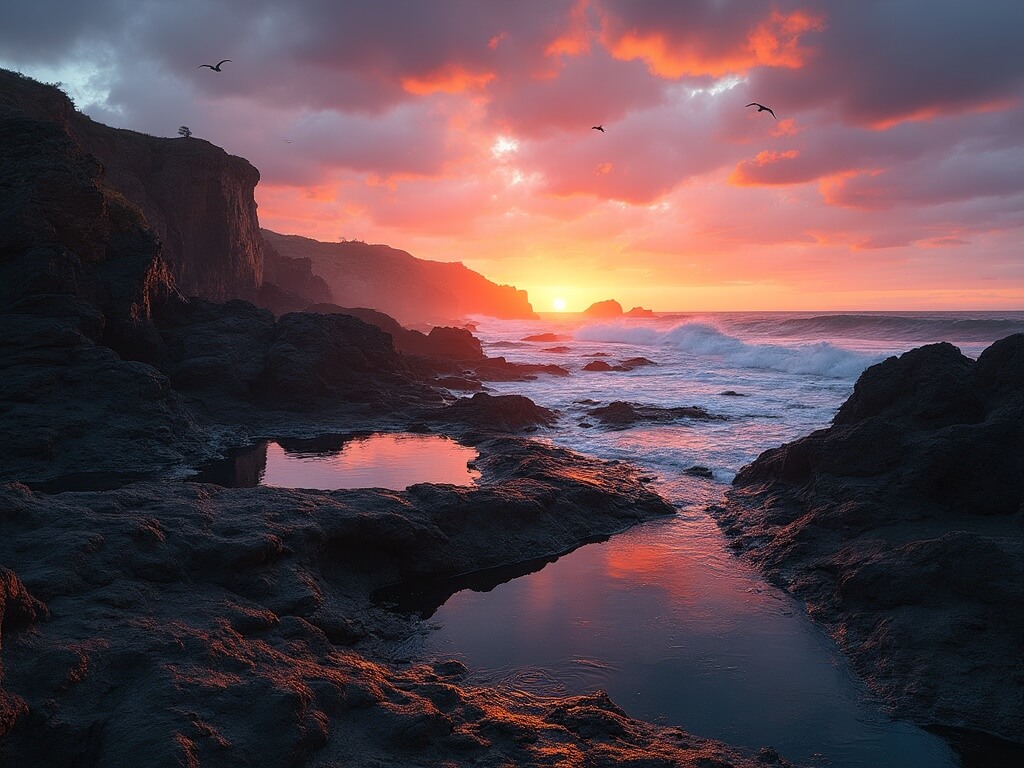 Dramatic sunset at Sunset Cliffs with orange and purple skies reflecting in tide pools, rugged cliffs, crashing waves and soaring seabirds.