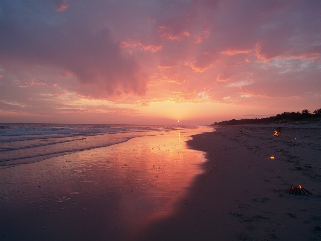 Sunset at River Jetties beach, featuring calm waters, orange and pink sky reflections on wet sand, scattered glowing beach bonfires, and elongated shadows across the beach