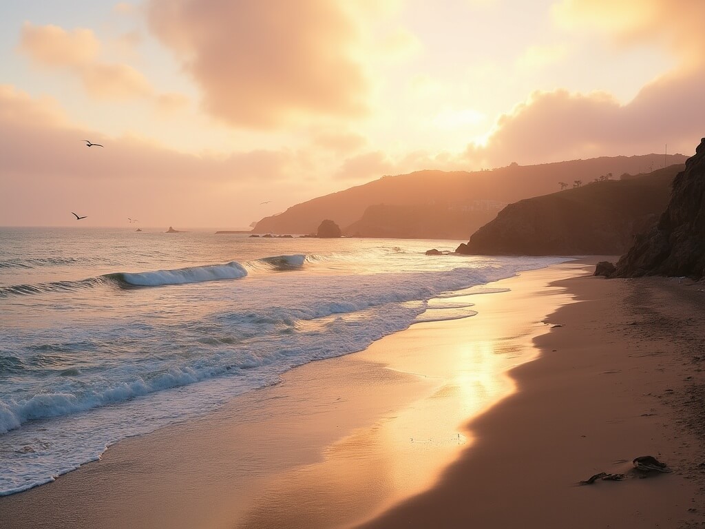 Serene sunset on La Jolla beach with golden-orange sky, soft pink clouds, cliffs in the distance and sparse people strolling along the shoreline