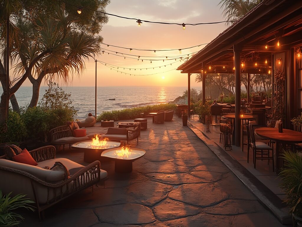 Outdoor dining terrace at sunset with modern lounge seating, glass-enclosed fire pits, ocean views, patio lights, and tropical plant decor