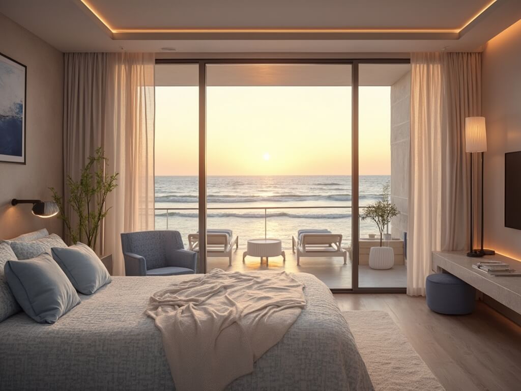 Boutique hotel room interior at sunset with modern coastal decor, floor-to-ceiling windows overlooking the Pacific Ocean, private balcony with lounge chairs, and warm golden light filtering through sheer curtains