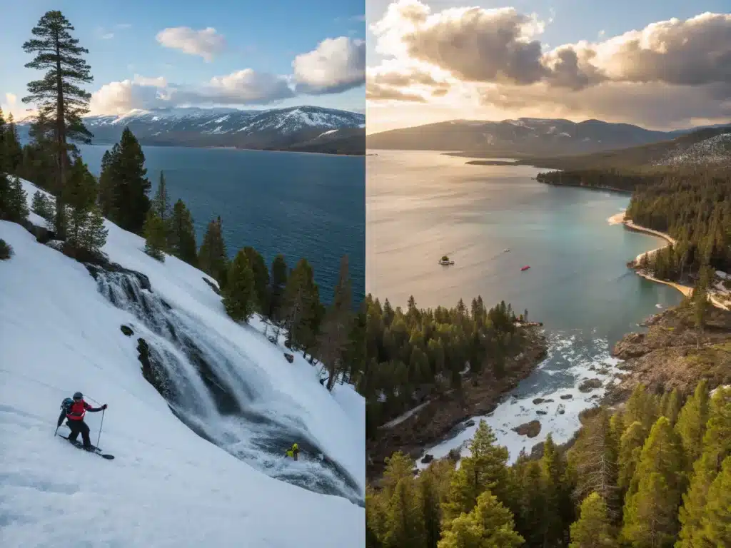 "Aerial view of Lake Tahoe in April showing a split landscape of snowy ski slopes with skiers and emerging spring greenery with waterfall runoff, amid afternoon sunlight and dynamic shadows; a kayaker near the shore, snow-capped mountains in the background."