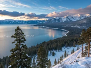 "Aerial winter view of Lake Tahoe with snow-capped mountains, Heavenly Mountain Resort ski runs, Christmas tree in Heavenly Village, and skiing trails, during golden hour"