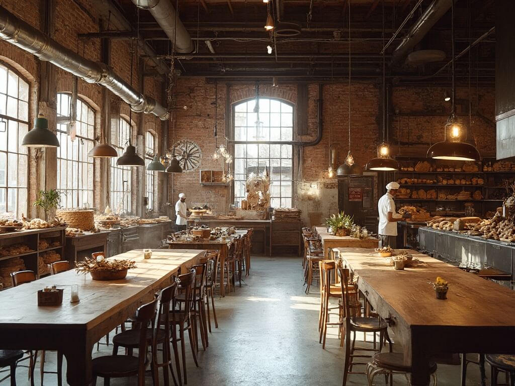 Interior view of Tartine Manufactory with exposed brick walls, high ceilings, pendant lighting, bakers at work in open kitchen, fresh bread on display, and sunlight through factory windows illuminating wooden communal tables