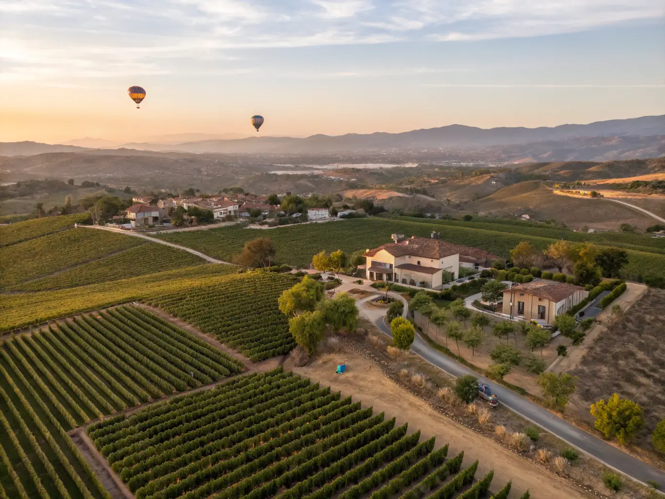 Sunset over Temecula Wine Country with rows of grapevines, rolling hills and a rustic wooden tasting deck in the foreground