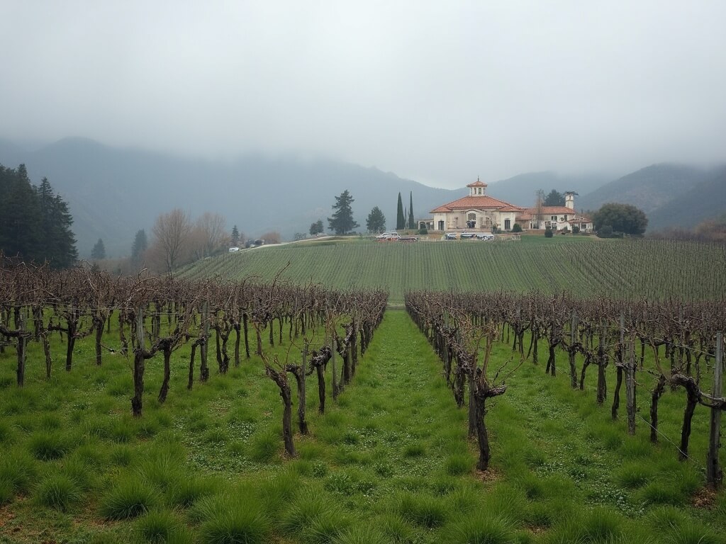 Winter morning at Temecula Valley Wine Country with dormant grapevines, green winter grass, misty mountains, low clouds and Spanish-style winery building