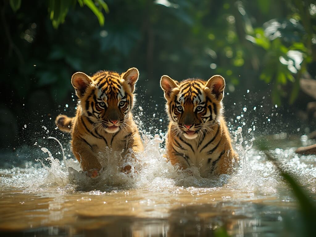 Tiger cubs playing in water at San Diego Zoo amidst tropical vegetation and sunlight filtering through the canopy