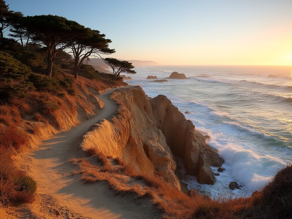 Winding hiking trails along sandstone cliffs at Torrey Pines State Natural Reserve during golden hour, with clear skies over Pacific Ocean and native Torrey Pine trees framing the scene.