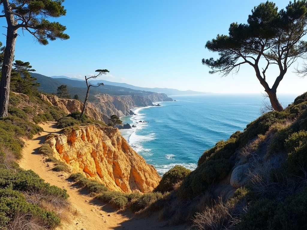 Winding trails through golden-brown cliffs at Torrey Pines State Natural Reserve overlooking the Pacific Ocean on a clear November day