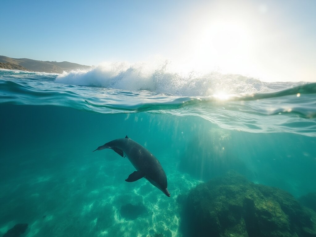 Dolphins breaking the surface in turquoise waters at Torrey Pines State Beach with underwater marine life visible, morning sun creating a blue gradient and light breeze producing perfect waves at dawn.