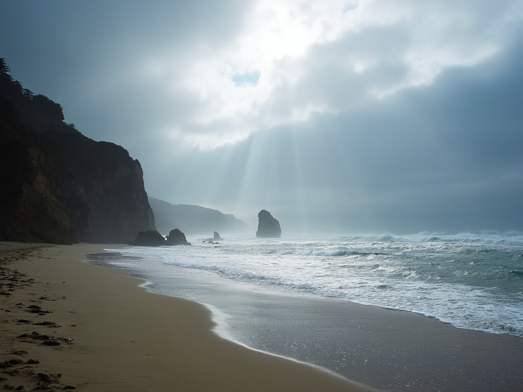 Mid-afternoon at Torrey Pines State Beach with cliffs, rays of sunlight breaking through dissipating June Gloom clouds illuminating sections of the beach and ocean